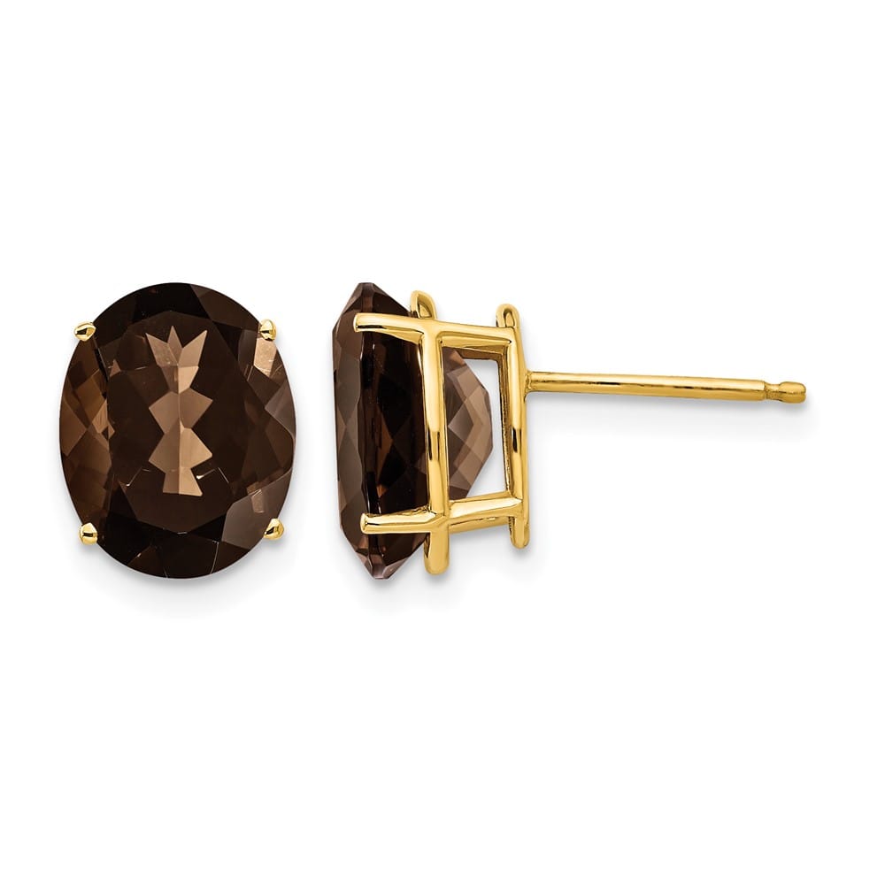 14K Yellow Gold 10x8mm Oval Smoky Quartz Post Earrings, view 1 of 4
