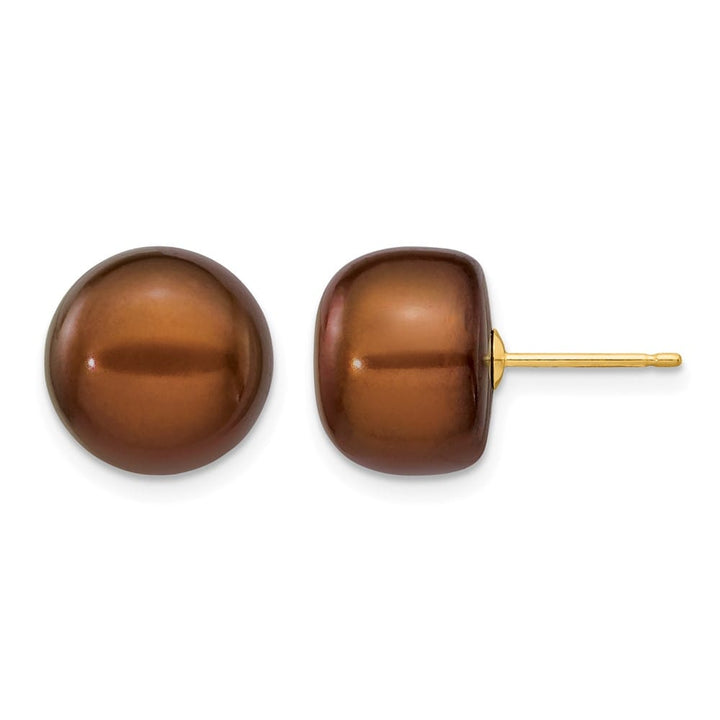 14K Yellow Gold 11-12mm Brown Button Freshwater Pearl Stud Earrings