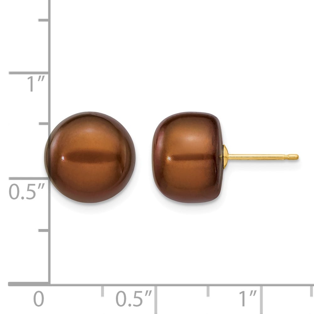 14K Yellow Gold 11-12mm Brown Button Freshwater Pearl Stud Earrings