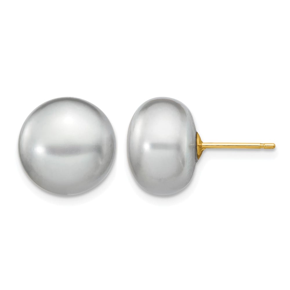 14K Yellow Gold 11-12mm Grey Button Freshwater Pearl Stud Earrings