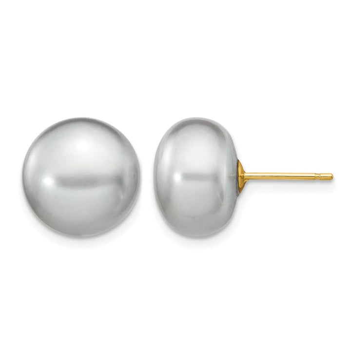 14K Yellow Gold 11-12mm Grey Button Freshwater Pearl Stud Earrings