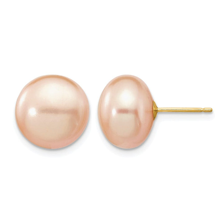 14K Yellow Gold 11-12mm Pink Button Freshwater Pearl Stud Earrings