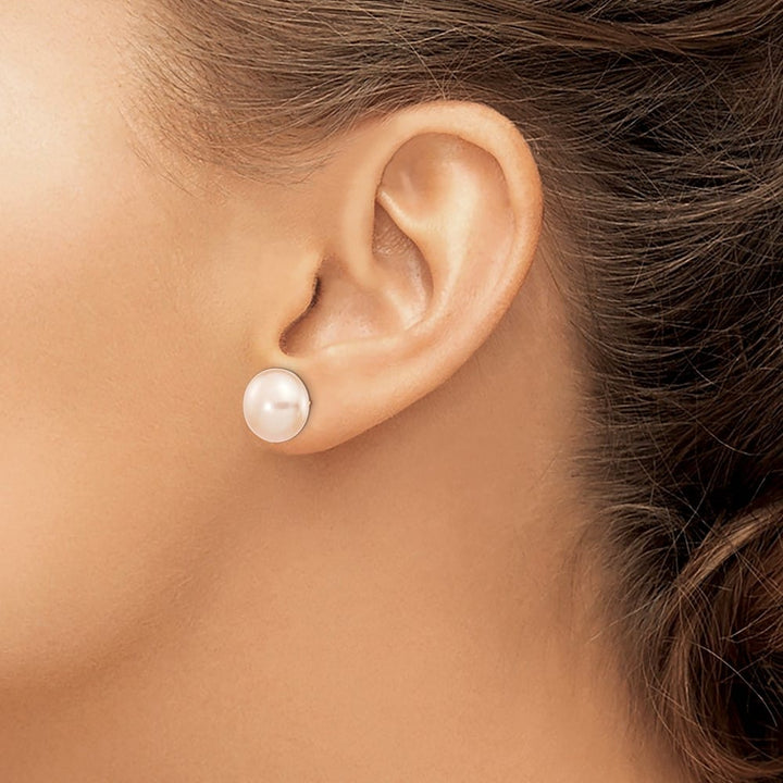 14K Yellow Gold 11-12mm Pink Button Freshwater Pearl Stud Earrings