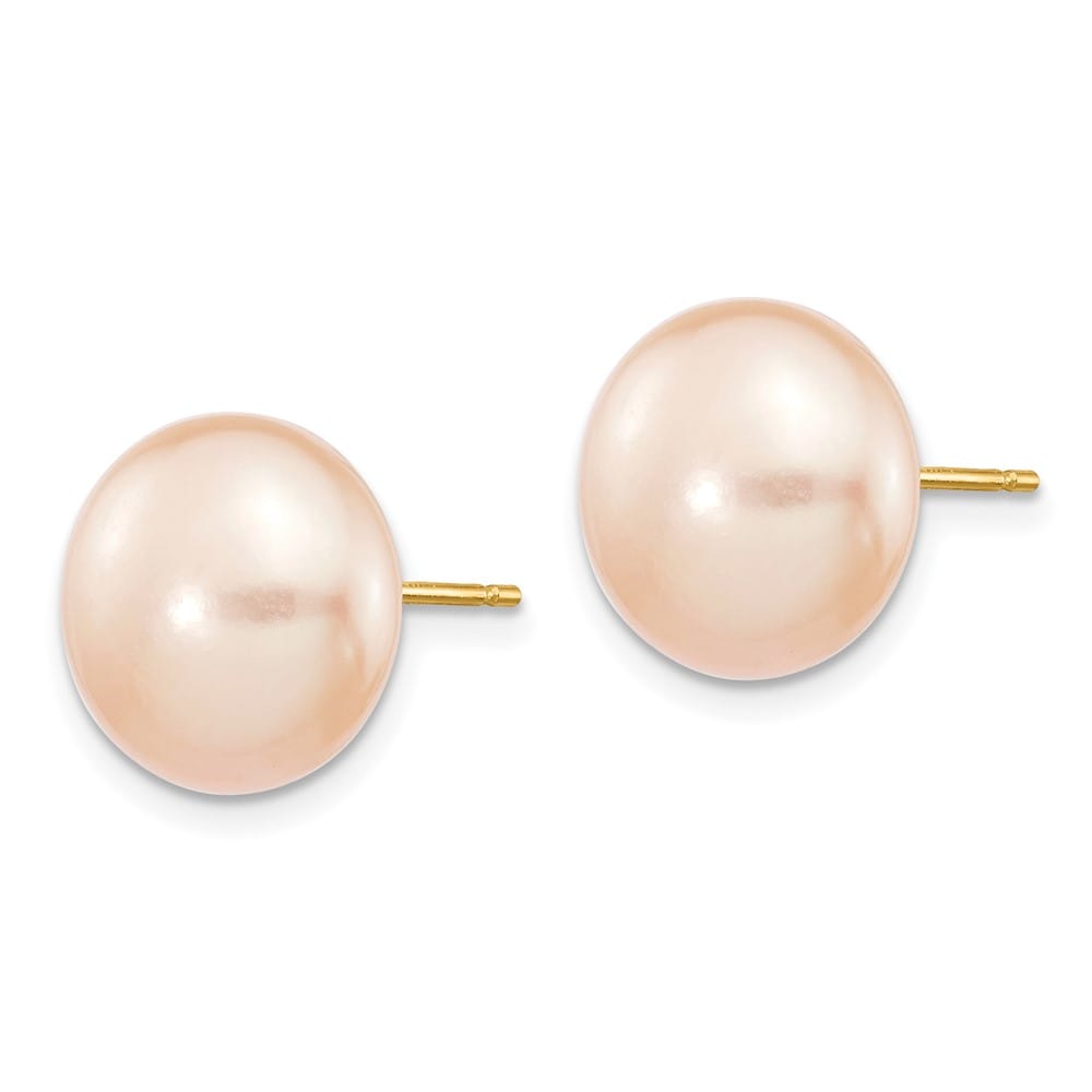 14K Yellow Gold 11-12mm Pink Button Freshwater Pearl Stud Earrings