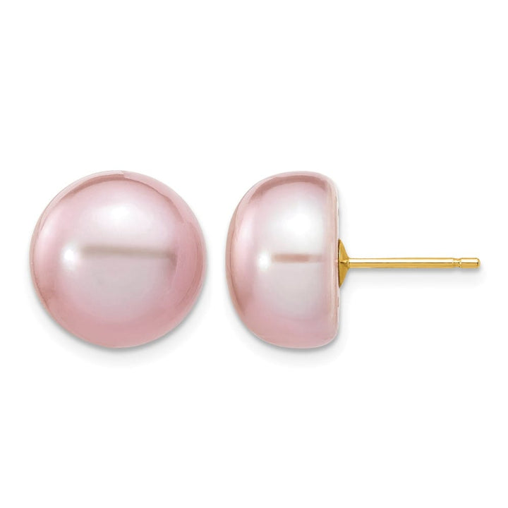 14K Yellow Gold 11-12mm Purple Button Freshwater Pearl Stud Earrings