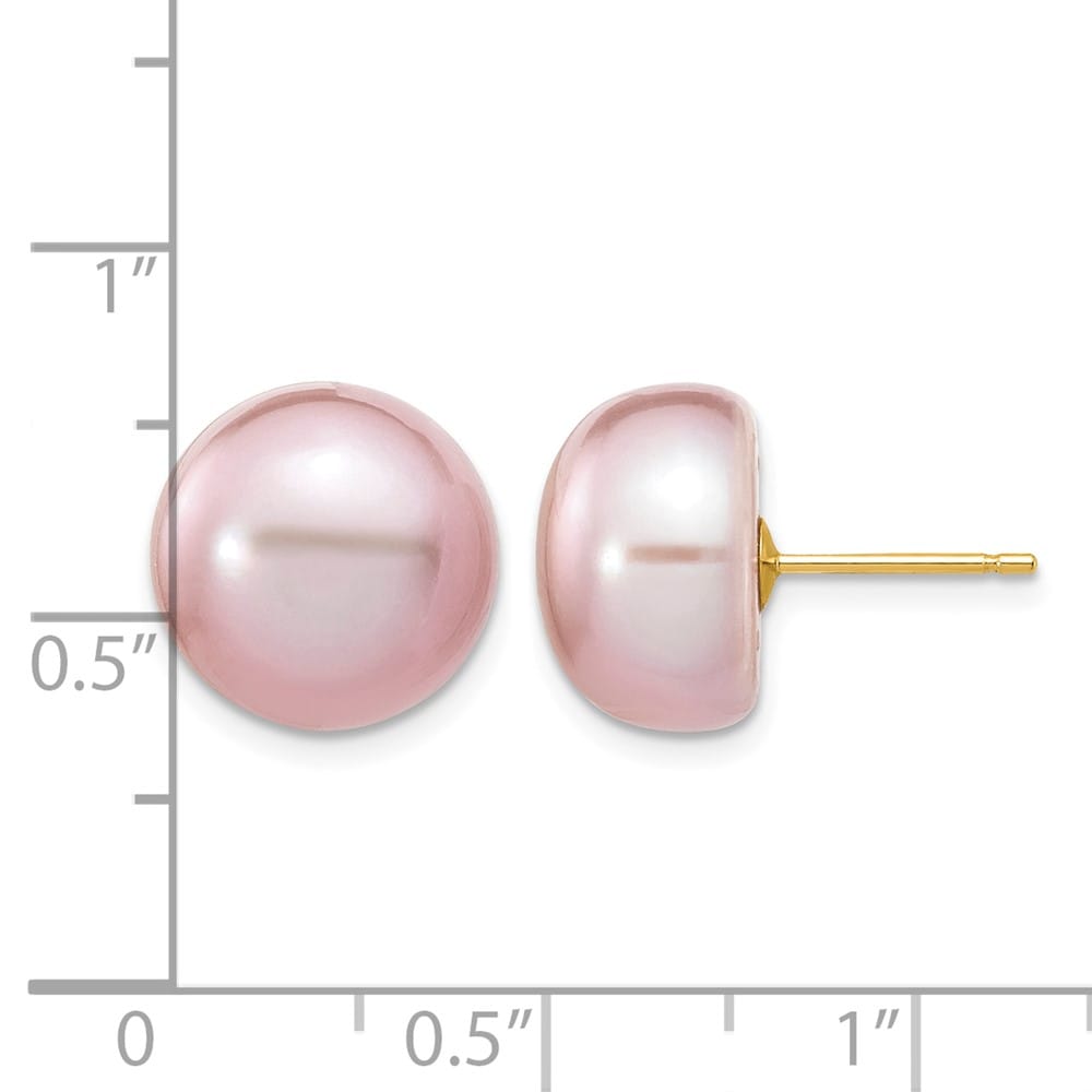 14K Yellow Gold 11-12mm Purple Button Freshwater Pearl Stud Earrings