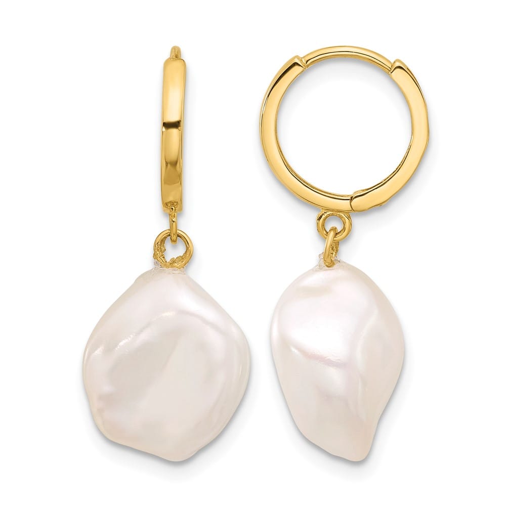 14K Yellow Gold 11-12mm White Keshi Freshwater Pearl Dangle Earrings