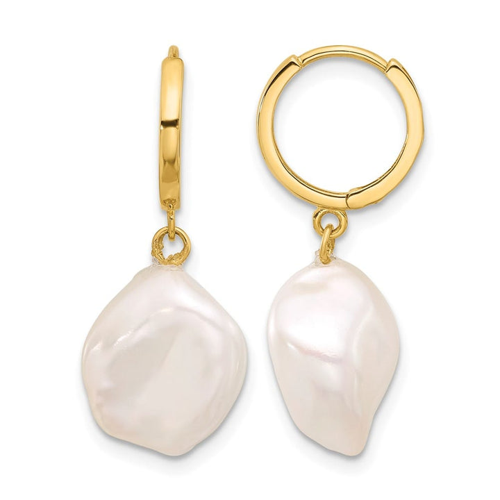 14K Yellow Gold 11-12mm White Keshi Freshwater Pearl Dangle Earrings