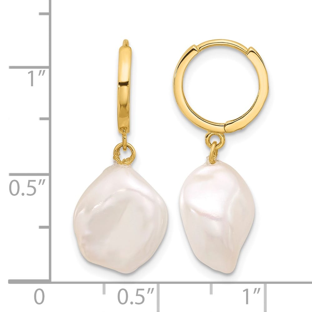 14K Yellow Gold 11-12mm White Keshi Freshwater Pearl Dangle Earrings