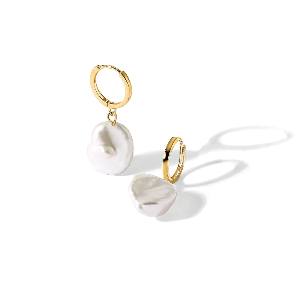 14K Yellow Gold 11-12mm White Keshi Freshwater Pearl Dangle Earrings