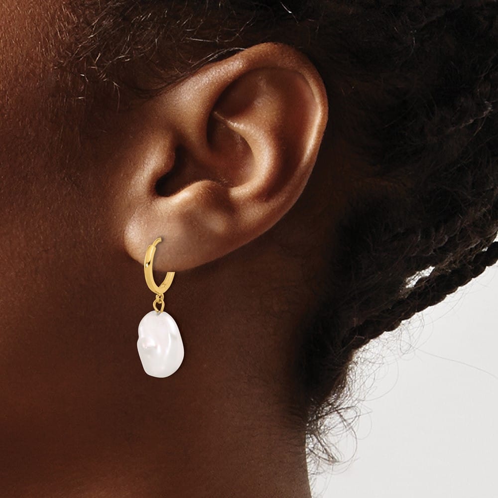 14K Yellow Gold 11-12mm White Keshi Freshwater Pearl Dangle Earrings