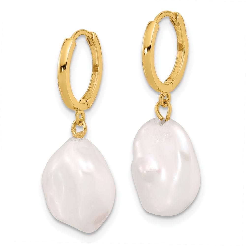 14K Yellow Gold 11-12mm White Keshi Freshwater Pearl Dangle Earrings