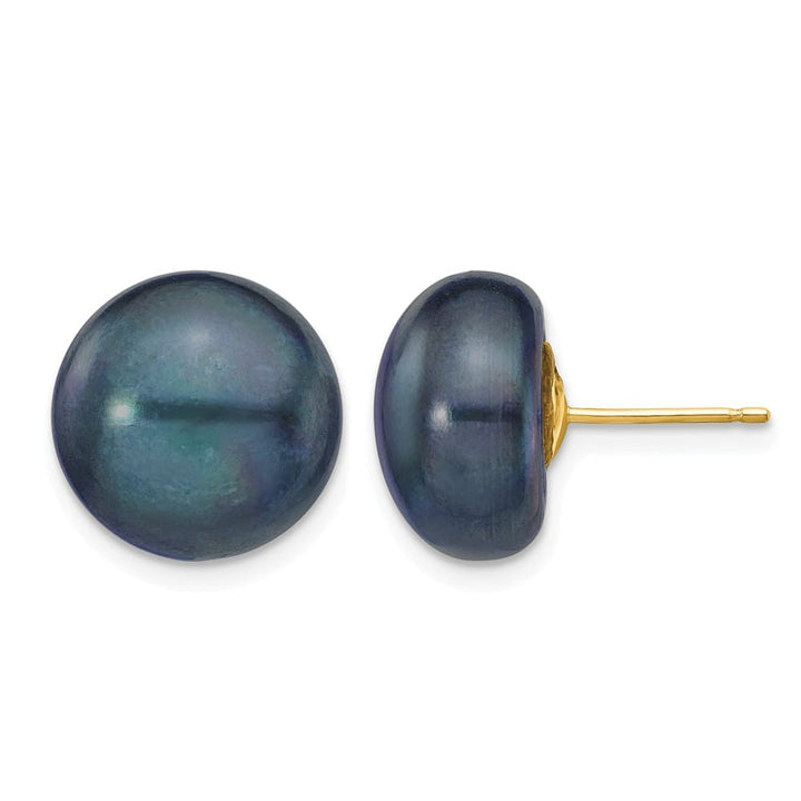 14K Yellow Gold 12-13mm Black Button Freshwater Pearl Stud Earrings