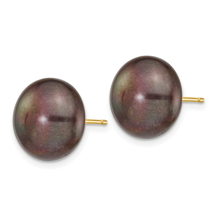 14K Yellow Gold 12-13mm Black Button Freshwater Pearl Stud Earrings
