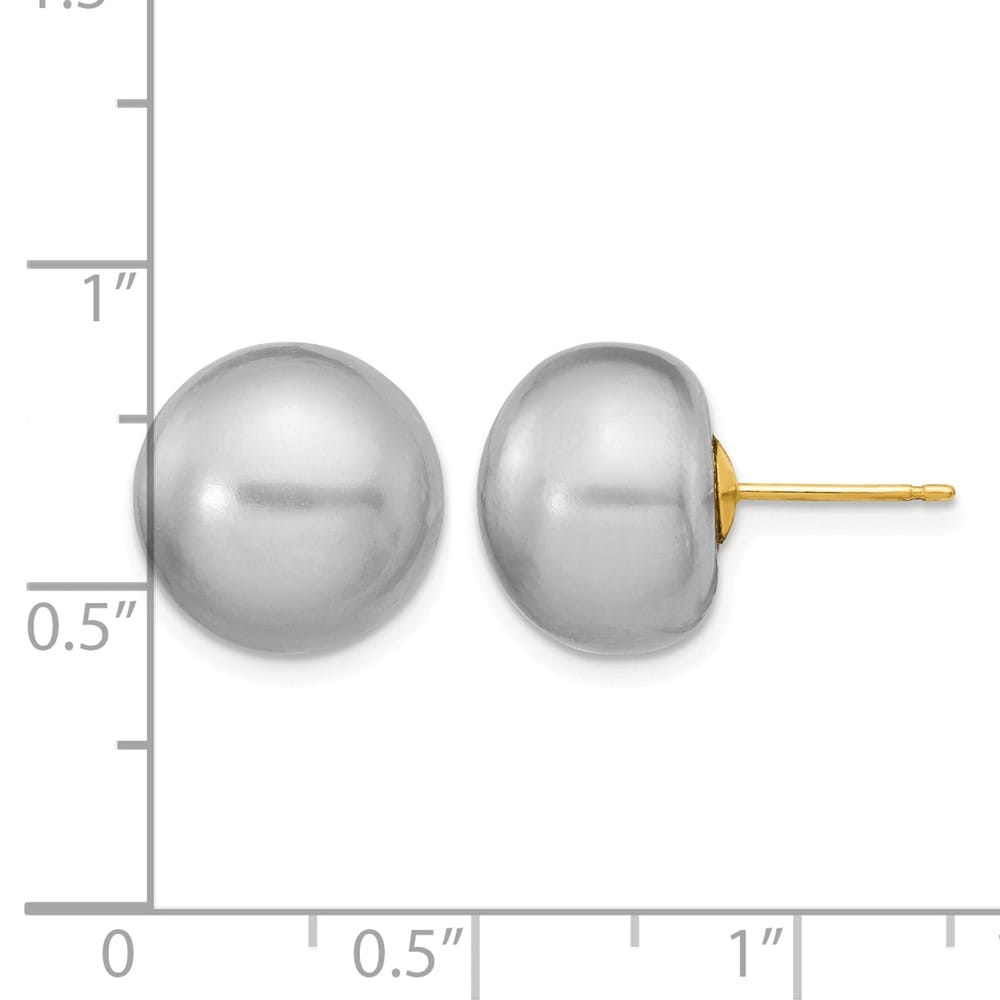 14K Yellow Gold 12-13mm Grey Button Freshwater Pearl Stud Earrings