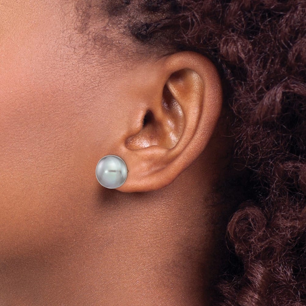 14K Yellow Gold 12-13mm Grey Button Freshwater Pearl Stud Earrings