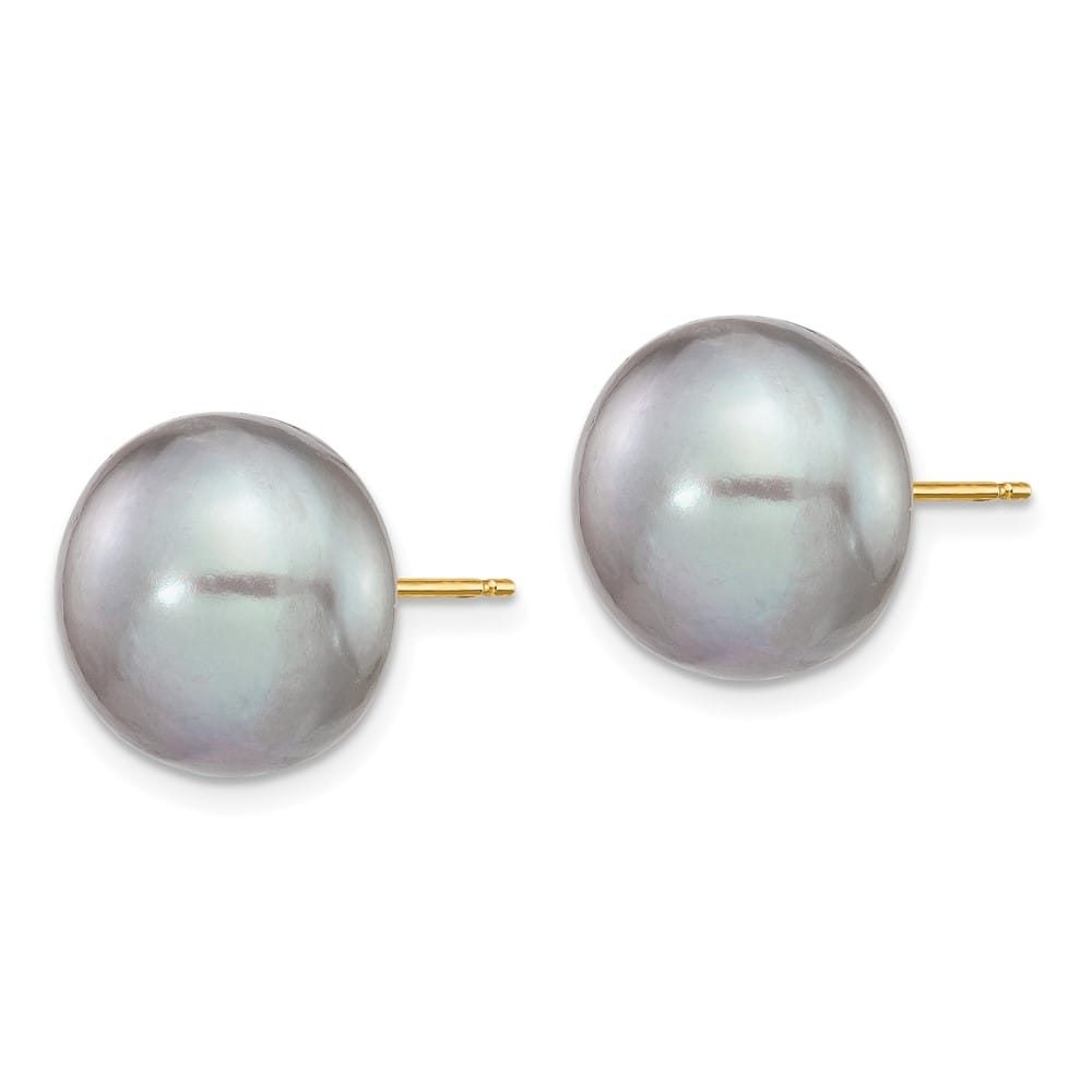 14K Yellow Gold 12-13mm Grey Button Freshwater Pearl Stud Earrings
