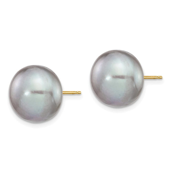 14K Yellow Gold 12-13mm Grey Button Freshwater Pearl Stud Earrings