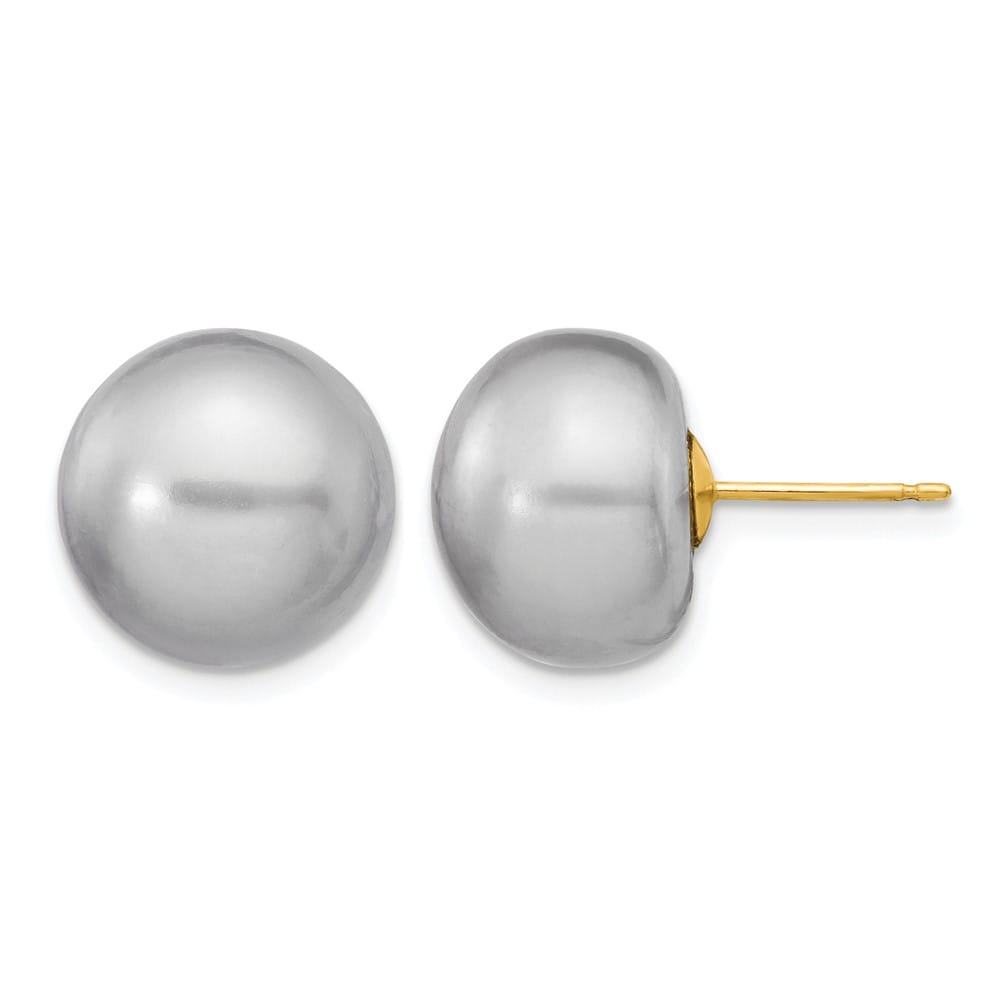 14K Yellow Gold 12-13mm Grey Button Freshwater Pearl Stud Earrings