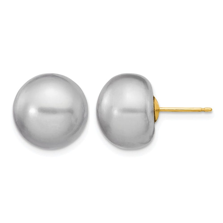 14K Yellow Gold 12-13mm Grey Button Freshwater Pearl Stud Earrings
