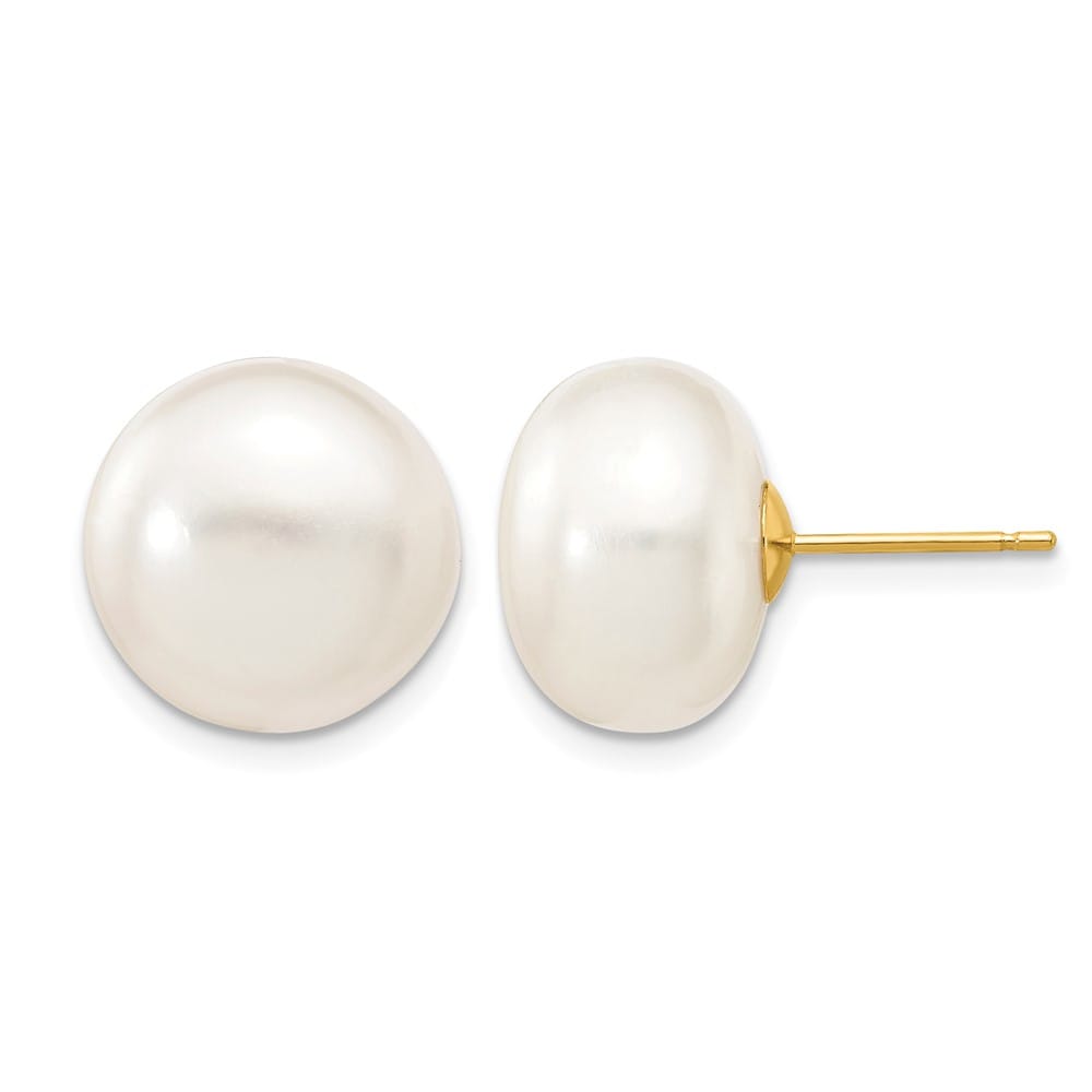 14K Yellow Gold 12-13mm White Button Freshwater Pearl Stud Earrings