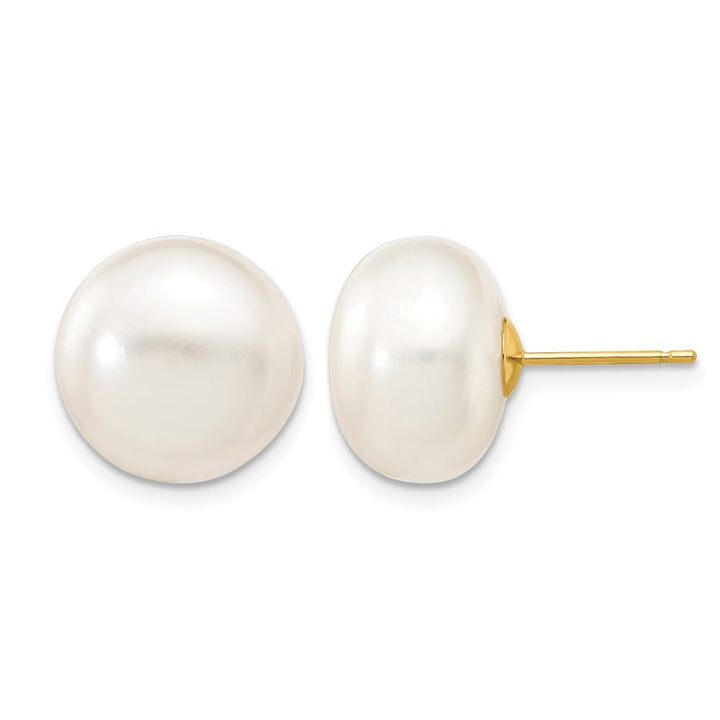 14K Yellow Gold 12-13mm White Button Freshwater Pearl Stud Earrings
