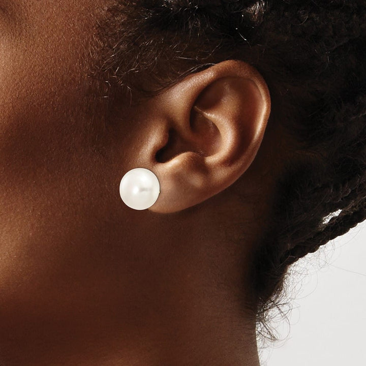 14K Yellow Gold 12-13mm White Button Freshwater Pearl Stud Earrings