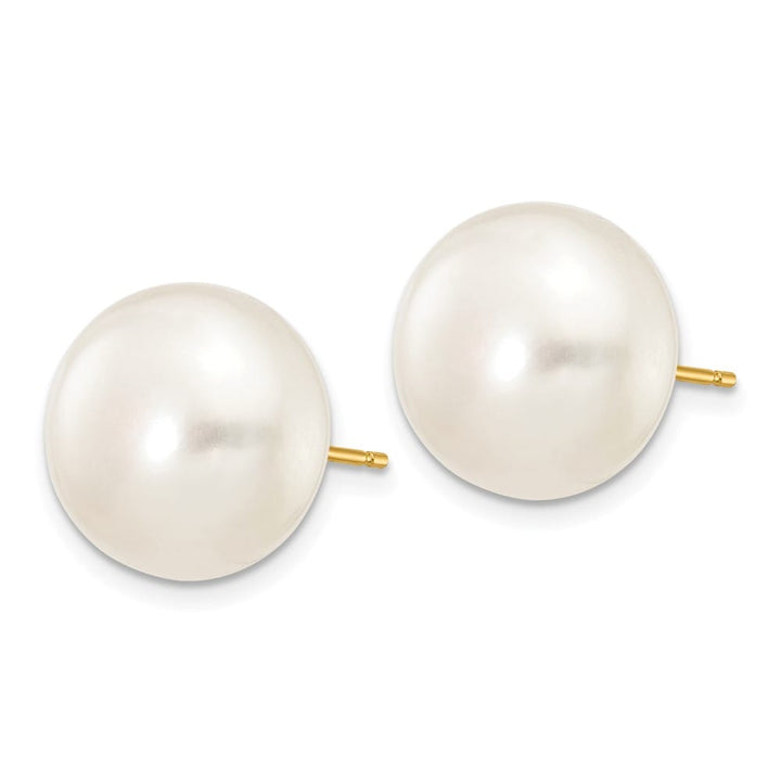 14K Yellow Gold 12-13mm White Button Freshwater Pearl Stud Earrings