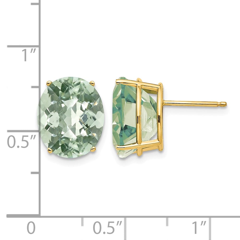 14K Yellow Gold 12x10mm Oval Checker-Cut Green Quartz Post Earrings, view 4 of 4