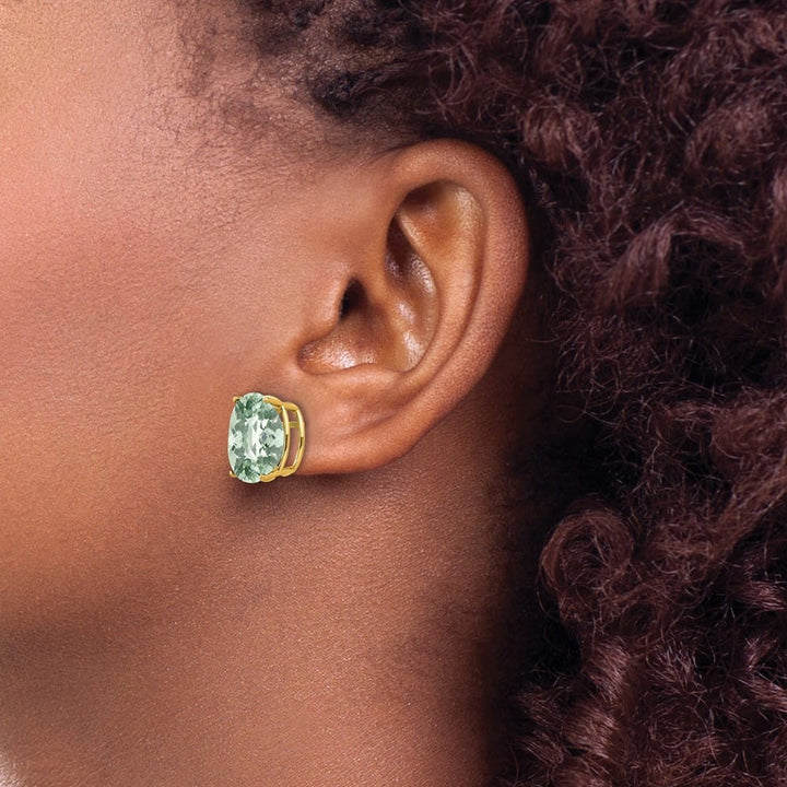 14K Yellow Gold 12x10mm Oval Checker-Cut Green Quartz Post Earrings, view 3 of 4
