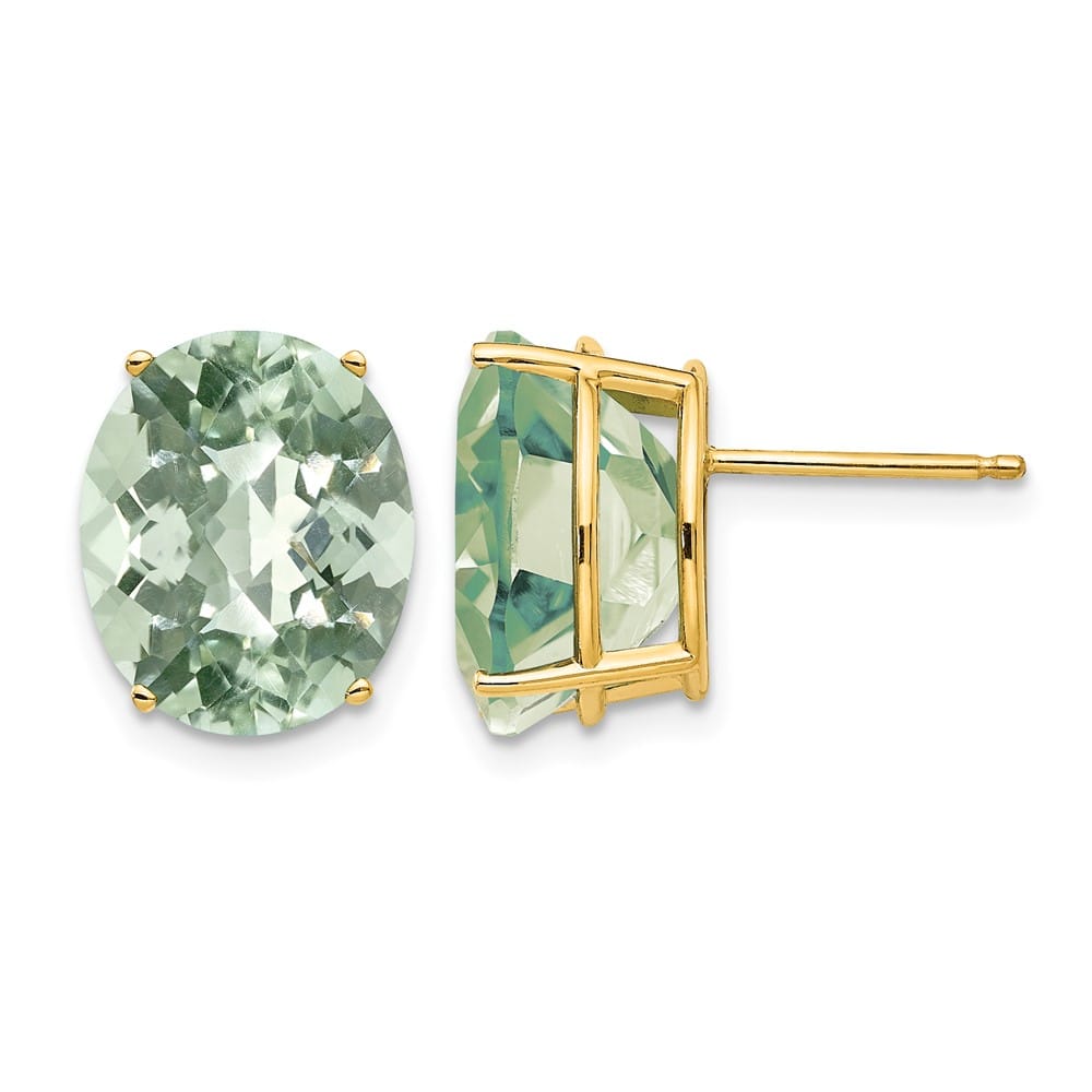 14K Yellow Gold 12x10mm Oval Checker-Cut Green Quartz Post Earrings, view 1 of 4