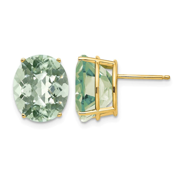 14K Yellow Gold 12x10mm Oval Checker-Cut Green Quartz Post Earrings, view 1 of 4