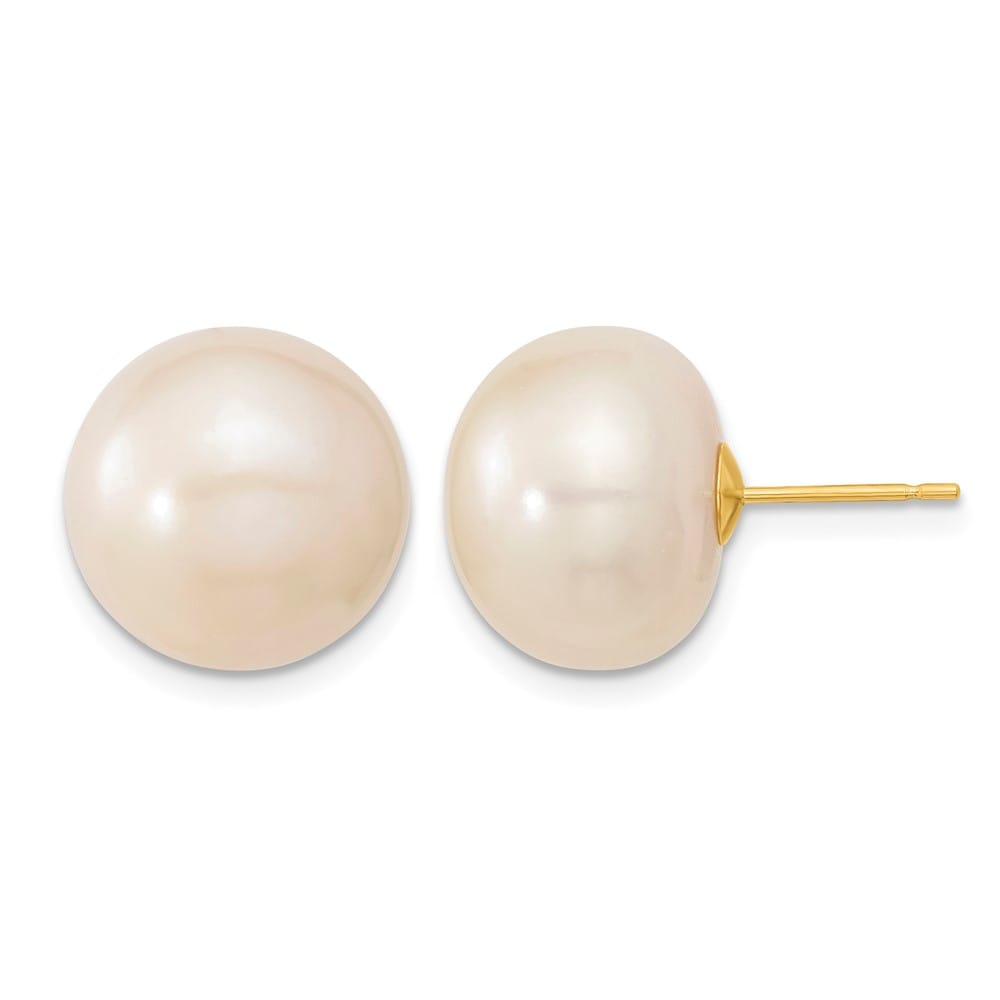 14K Yellow Gold 13-14mm White Button Freshwater Pearl Stud Earrings