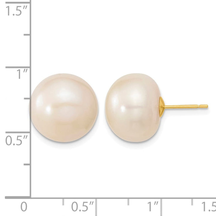14K Yellow Gold 13-14mm White Button Freshwater Pearl Stud Earrings