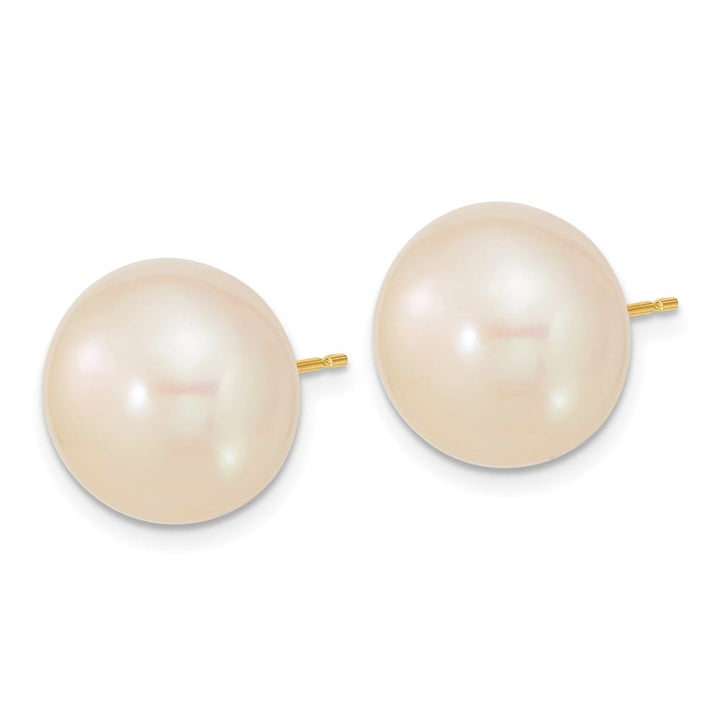 14K Yellow Gold 13-14mm White Button Freshwater Pearl Stud Earrings