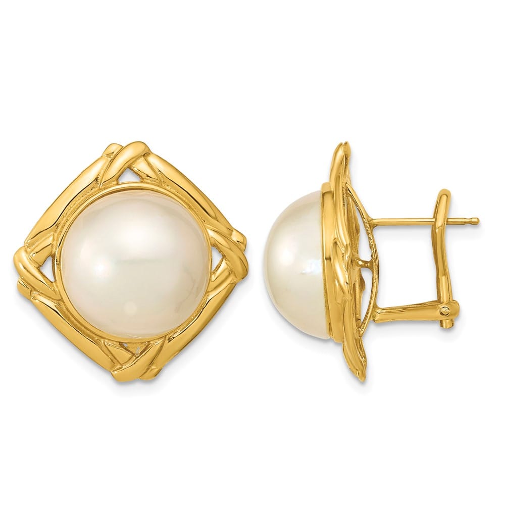 14K Yellow Gold 13-14mm White Mabe Saltwater Cultured Pearl Earrings