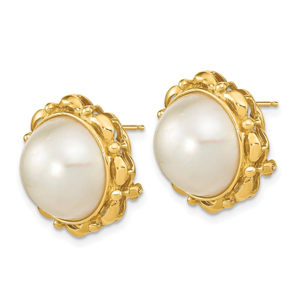 14K Yellow Gold 13-14mm White Mabe Saltwater Cultured Pearl Earrings
