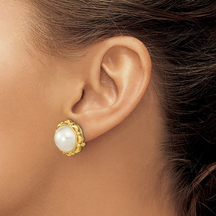 14K Yellow Gold 13-14mm White Mabe Saltwater Cultured Pearl Earrings