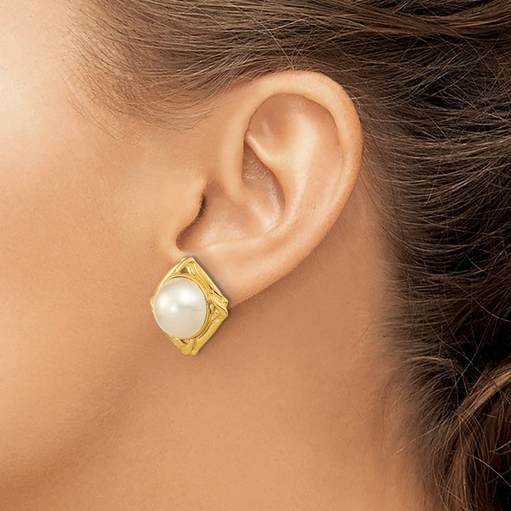 14K Yellow Gold 13-14mm White Mabe Saltwater Cultured Pearl Earrings