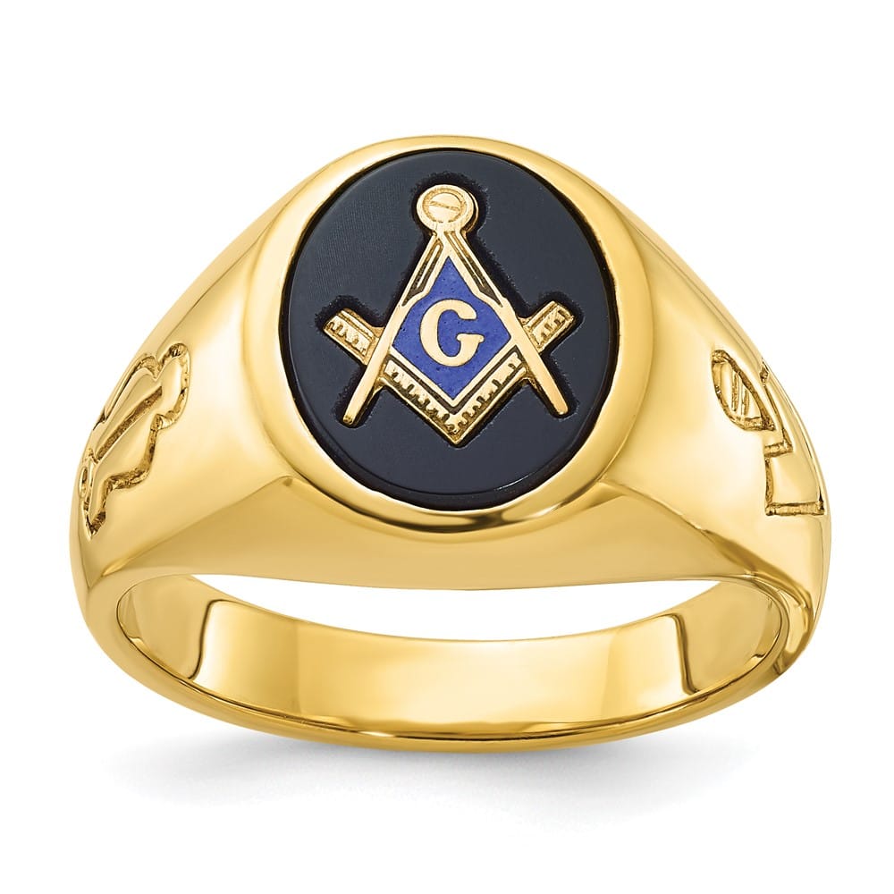 14k Yellow Gold 13.7 mm with Oval Onyx Blue Lodge Master Men's Ring