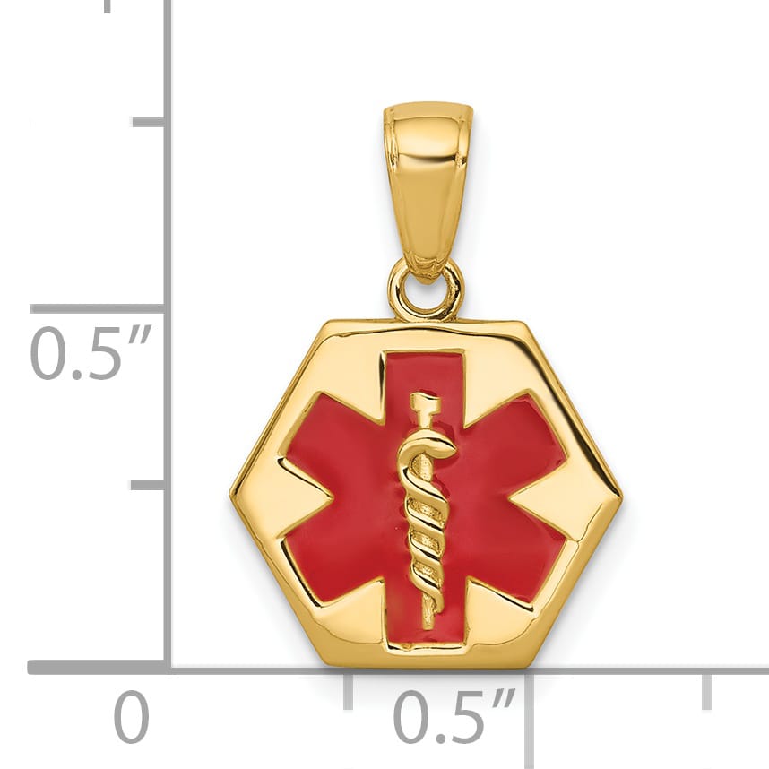 14K Yellow Gold 14mm Hexagon Enameled Back Medical Disc Pendant
