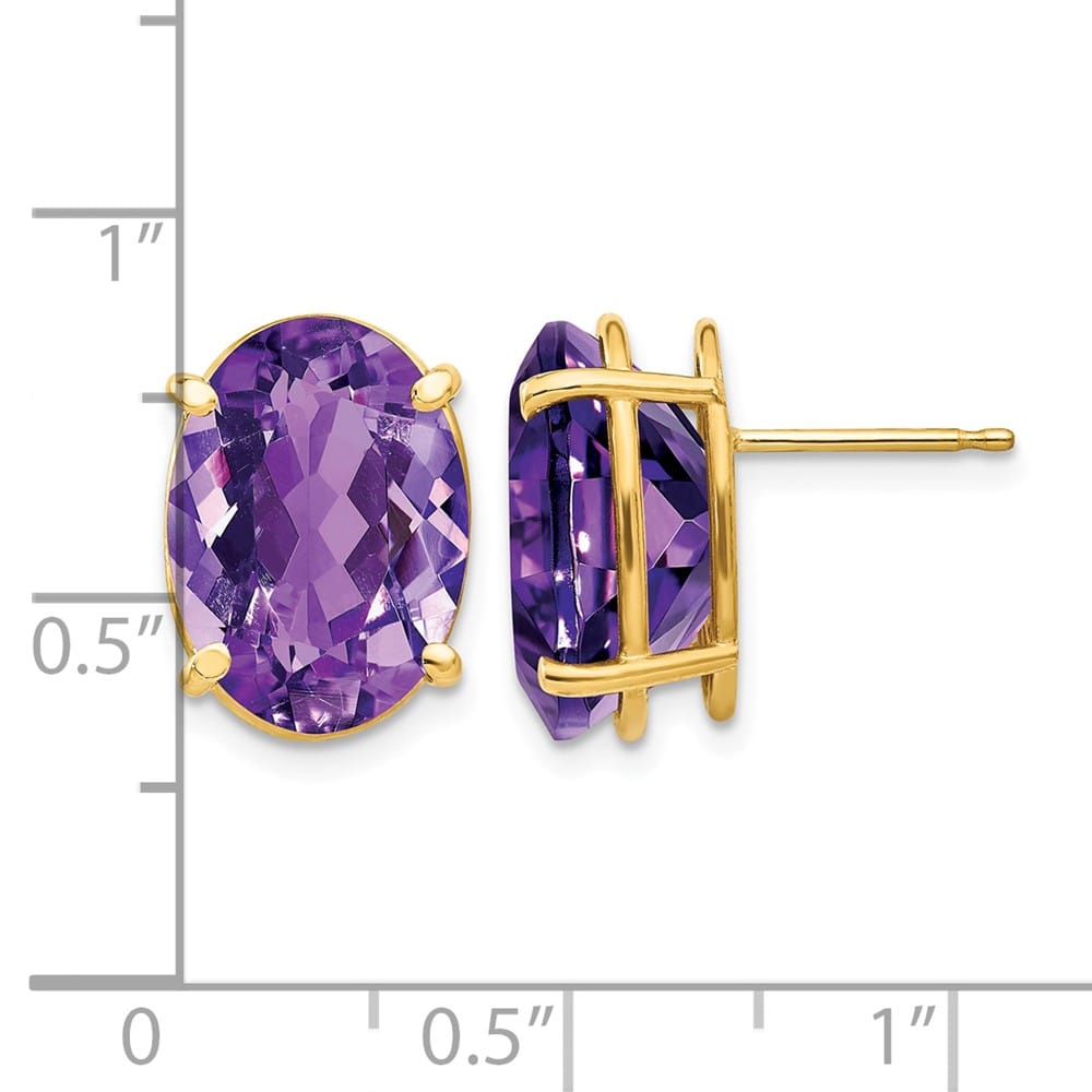 14K Yellow Gold 14x10mm Oval Amethyst Post Earrings, view 4 of 4