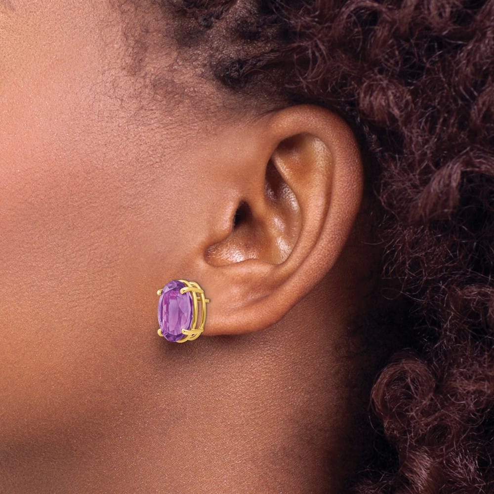 14K Yellow Gold 14x10mm Oval Amethyst Post Earrings, view 3 of 4