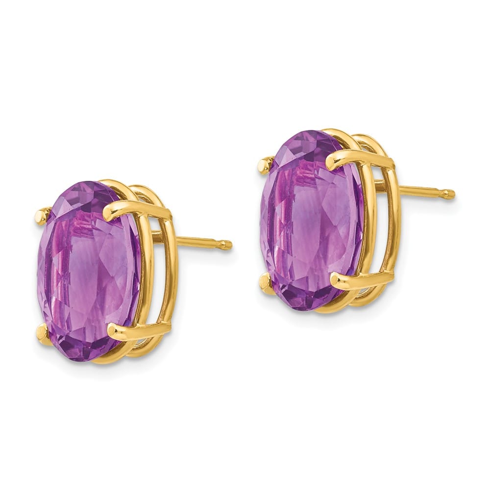 14K Yellow Gold 14x10mm Oval Amethyst Post Earrings, view 2 of 4