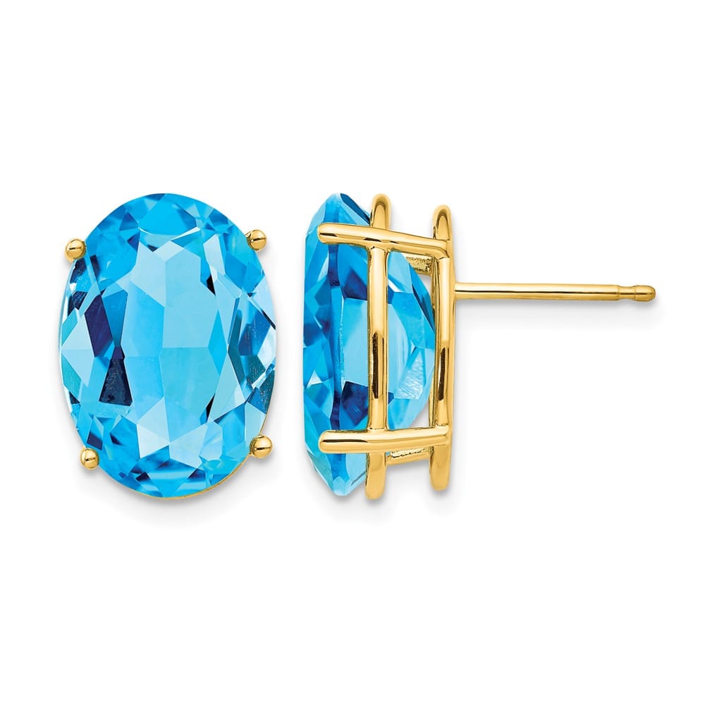 14K Yellow Gold 14x10mm Oval Blue Topaz Post Earrings, view 1 of 4