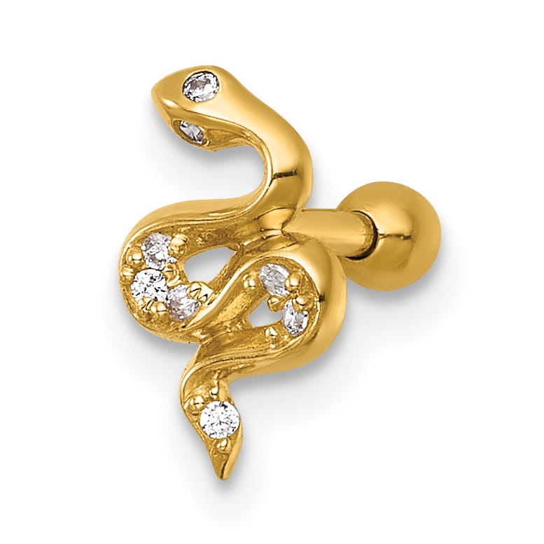 14K Yellow Gold 16 Gauge Polished CZ Snake Labret Stud