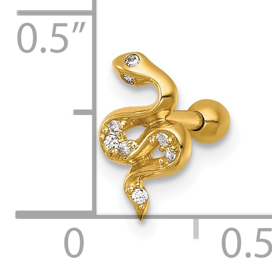 14K Yellow Gold 16 Gauge Polished CZ Snake Labret Stud