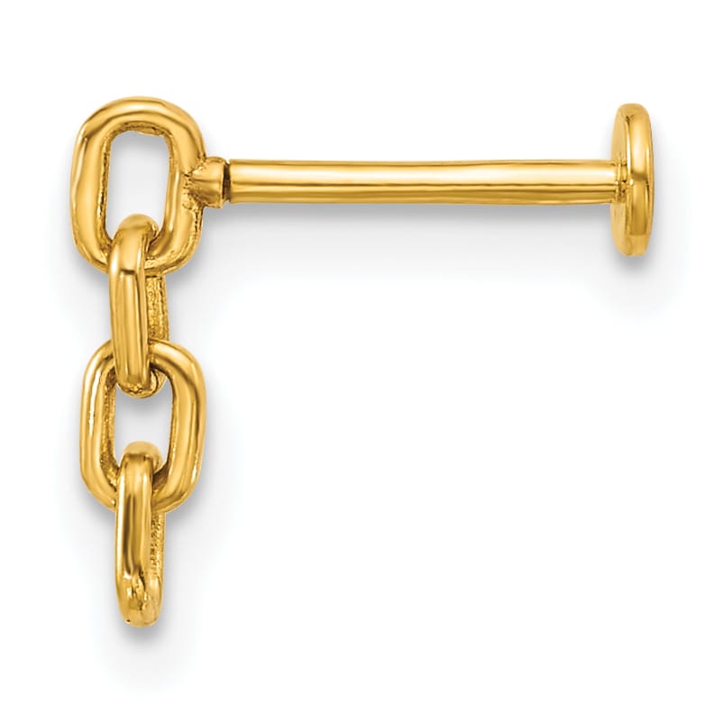 14K Yellow Gold 18 Gauge Dangling Cable Link Chain Labret Stud