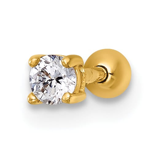 14K Yellow Gold 18 Gauge Polished 3.0mm Round CZ Labret Stud