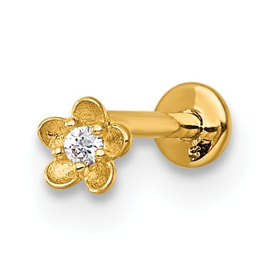 14K Yellow Gold 18 Gauge Polished and Satin CZ Flower Labret Stud